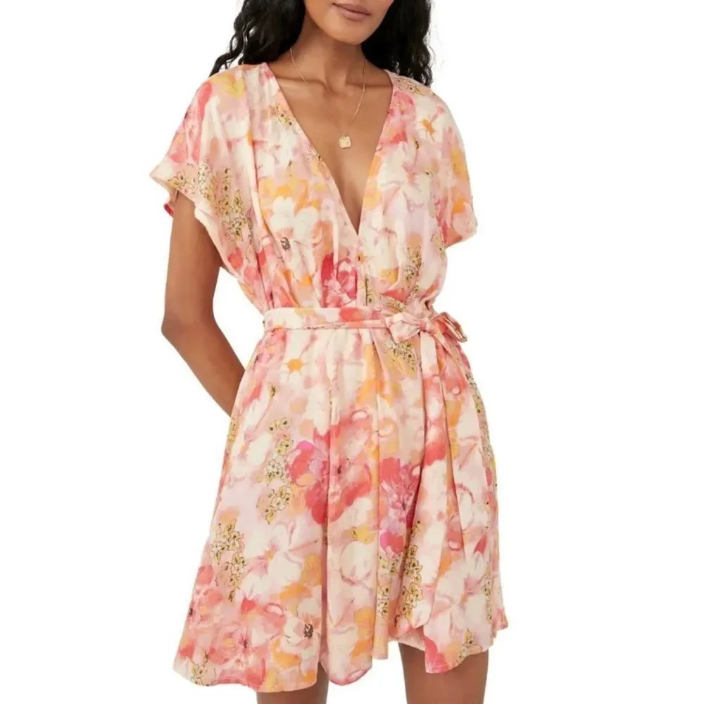 FREE PEOPLE Freddy Tie Waist Minidress Watercolor Floral Print Pink Women’s XS